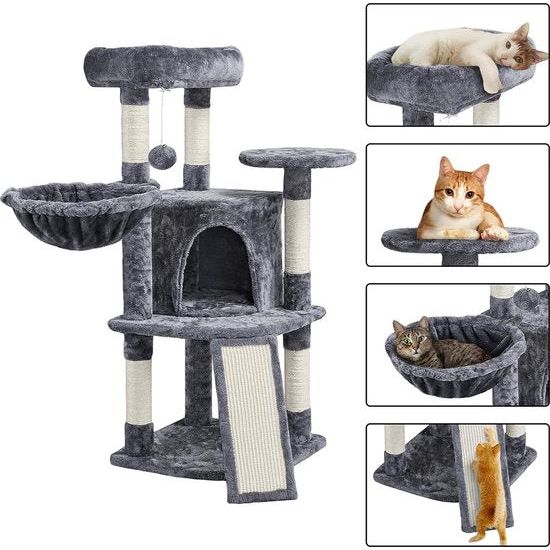 Krabpaal, 107 cm, stabiele kattenboom, klimboom, met kattenhol, krabplank, pluche sisal, kattenmeubel, donkergrijs