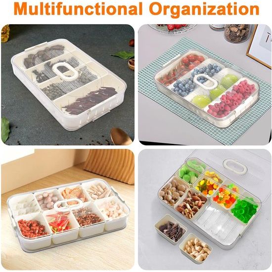 Snackdoos met compartimenten, 2 stuks snackbewaardoos, fruit- en groentebak met 8+4 compartimenten, voedselopslagcontainer voor koelkast en voorraadkast voor snacks, fruit en kruiden.
