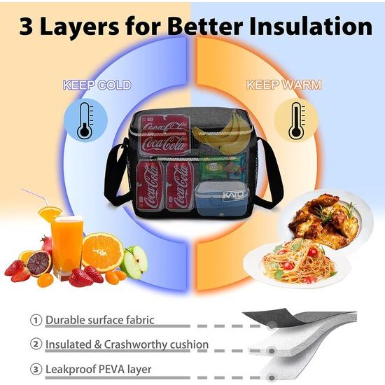 lunchtas voor vrouwen en mannen, lekvrije thermische herbruikbare lunchtas voor volwassenen, lunchtas voor kantoor, werk, houtskool