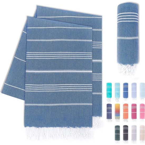 Set van 2 premium hamamdoeken met handgeknoopte franjes, 100% katoen, strandhanddoek, Oeko-Tex 100, groot strandhanddoek, saunahanddoek en reishanddoek, hemelsblauw, 95 x 180 cm