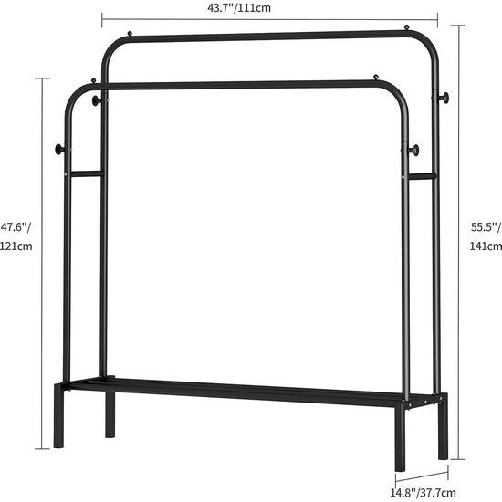 Kledingrek met 2 kledingstangen, multifunctionele kapstok van metaal met 1 plank en 4 haken, voor kleding, tassen en schoenen
