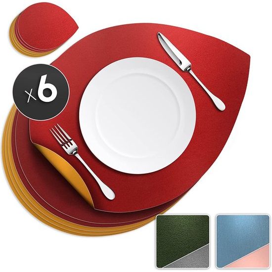 Placemat leeg, set van 6 inclusief onderzetters, afwasbaar, dubbelzijdig antislip, placemat, PU-leeg, tweekleurig (rood/geel)