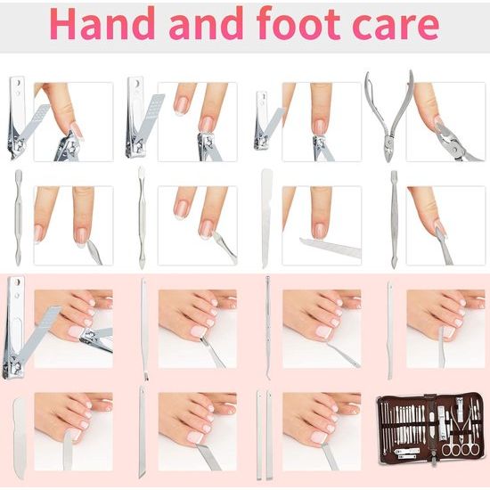 Manicure set, 26-delige professionele nagelknipper set, roestvrij staal, gereedschap voor manicure en pedicure, nagelriemreiniging, geavanceerd ontwerp met ritssluiting, bruin