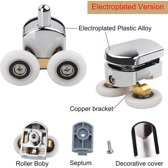 4 stuks douchedeurwieltjes, 23 mm schuifdeurwielen, 2 boven- en 2 onderste douchewielen in chroom, douche-deurbevestiging wielen voor gebogen deuren glazen deuren 4-6 mm