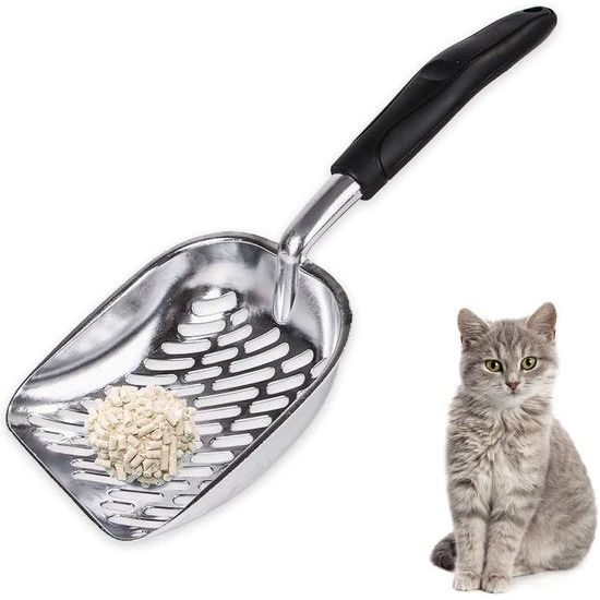 Premium kattenbakschep van robuust aluminium - duurzame metalen kattenbak schep - niet plakkerig met lange handige handgreep, diepe schep voor huisdieren, katten, kittens grote maten - Zwart