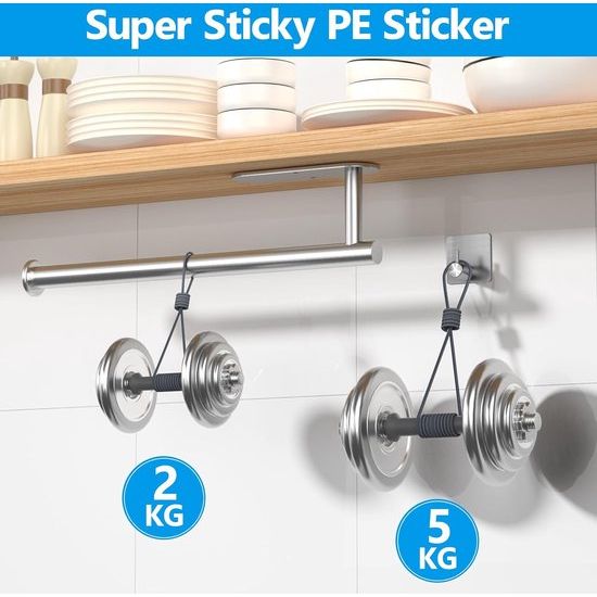 keukenrolhouder zonder boren met 2 zelfklevende haken, RVS houder voor Zewa keukenrol, keukenrolhouder voor wand en onder keukenkasten (zilver)