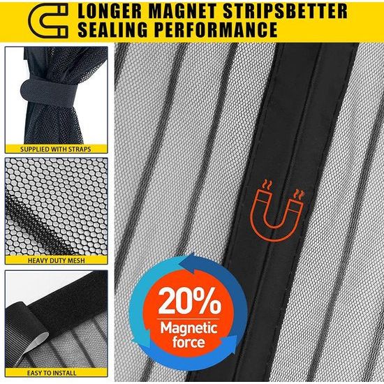 Hordeurmagneet, balkondeur, insectenwering, vliegengordijn, magnetische deur, insectenwerende gordijndeur, patiodeur, magneethor, vliegenhor, kattenkluis, zwart, 90 x 210 cm