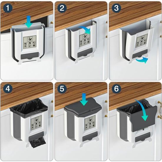 Opvouwbare hangende afvalemmer met deksel, keuken, camping, opvouwbare afvalemmer, keuken, afvalemmer, ophangbaar voor keuken/camping/auto/badkamer/kantoor/slaapkamer (grijs)