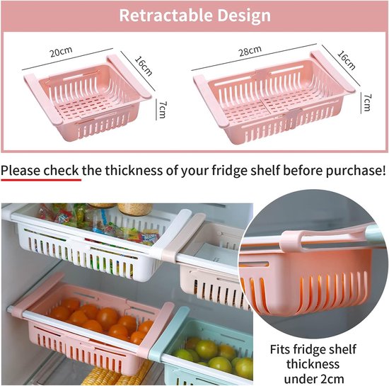 Koelkastladen, verstelbaar opbergrek koelkast scheidingslaag organizer, uittrekbare koelkast lade organizer koelkast opbergdoos (3 stuks)