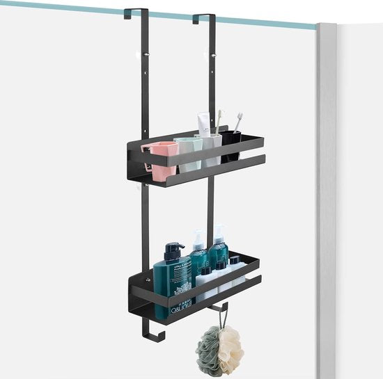 Doucheplank om op te hangen, dubbel doucherek van roestvrij staal, douchemand met eendelige haak en zuignap, badkamerrek om op te hangen boven de glazen douchewand (zwart)