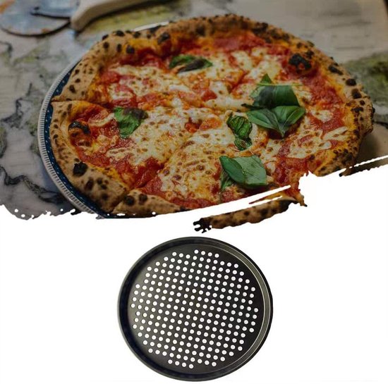 Pizzaplaat, rond, 28 cm, met gaten, verlaagde bakplaat, bakplaat, anti-aanbakbakken van koolstofstaal voor pizza en flambÃ©e, set van 2 pizzapannen, geperforeerd voor oven, verouderde korst
