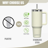 Koffiebeker om mee te nemen, dubbelwandig, roestvrij staal, vacuüm, lekvrij, met handvat en rietje, draagbare autobeker, thermobeker, beige voor koude warme dranken, beige