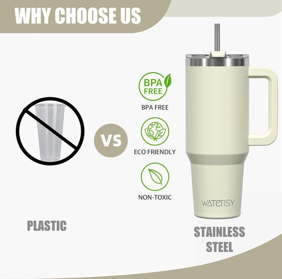 Koffiebeker om mee te nemen, dubbelwandig, roestvrij staal, vacuüm, lekvrij, met handvat en rietje, draagbare autobeker, thermobeker, beige voor koude warme dranken, beige