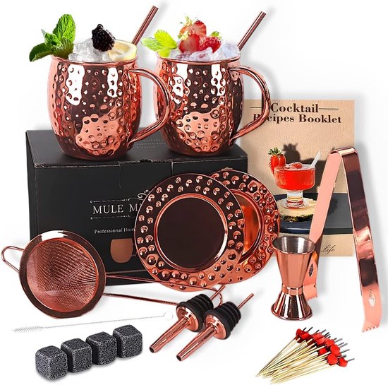 Moscow Mule Bekerset, cocktailkop, cocktailglazen, cadeauset met cocktailonderzetter, cocktailrietjes, maatbeker, whiskystenen (roségoud)