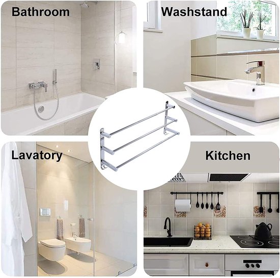Handdoekenrek Uitschuifbaar 43-78CM Geen boren Roestvrij staal Dubbele handdoekrail Badkamer Wandmontage Badhanddoekrek Wandmontage (Zilver 3-Bar)