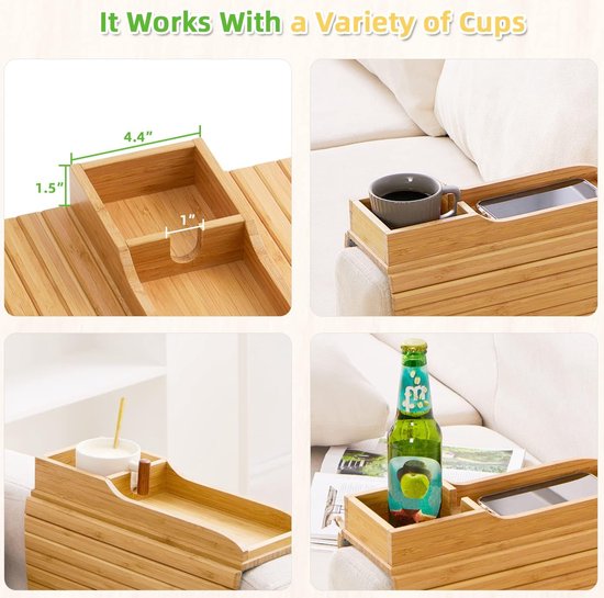 Natuurlijke bamboe bankbekerhouder, anti-val bankarmleuning, flexibele bankarmtafel, draagbare bankarmlade voor afstandsbediening/snacks/mobiele telefoon/drankjes/beker