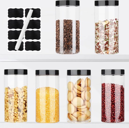 plastic pot met deksel doorzichtige lege containers verpakking van 6, opslagcontainers met luchtdicht zwart voor pinda's, kruiden, koekjes, snoep en droogvoer, lege potten voor opslag