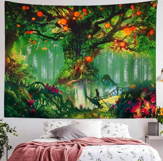 Fantasierijk zwart licht boomtapijt met bosfee, natuur en magische elfenmotieven, muurophanging en trippy UV-reactieve wandtapijten voor slaapkamer - 130 cm x 150 cm
