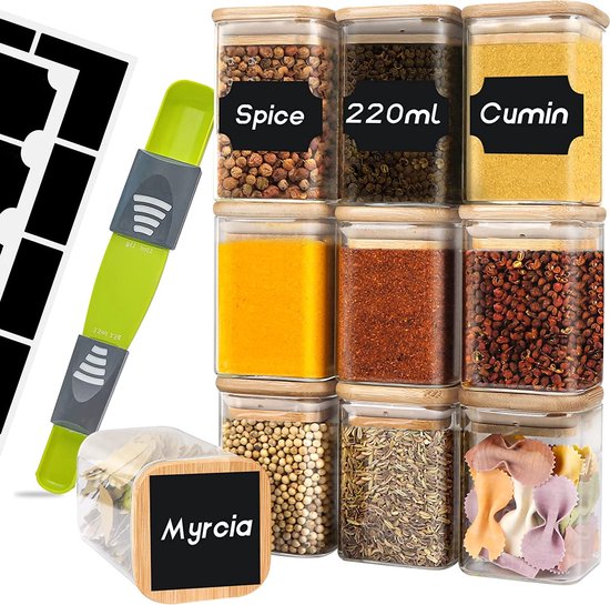 Voorraaddozen van glas, set van 10, 220 ml, kruidenpotjes, rechthoekig, houten deksel, voorraadpotten, glazen potten met deksel, klein, stapelbare opbergpotten, keuken voor specerijen, thee, suiker