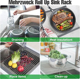 Oprolbaar afdruiprek, afdruiprek, gootsteenrek voor de keuken, opvouwbaar spoelbakrek, roestvrij staal servies, droogstandaard voor de keukenspoelbak