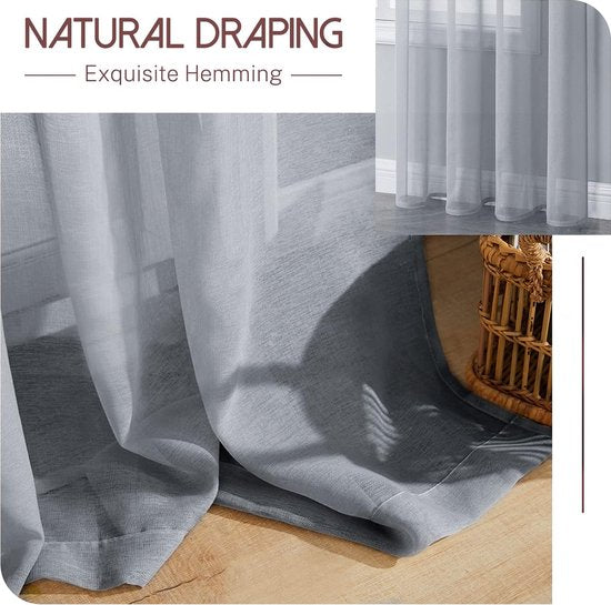 Voile gordijnen met oogjes, halftransparant, kort, linnenlook, voorhang, vitrage, grijs, 225 x 140 cm (h x b) voor woonkamer, slaapkamer, kinderkamer, set van 2
