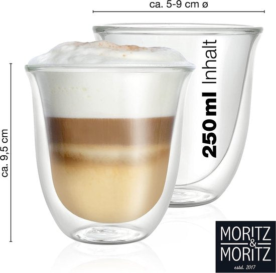 Barista Napoli 6 x 250 ml cappuccino glazen dubbelwandig – dubbelwandige glazen voor koffie, thee of dessert – vaatwasmachinebestendig