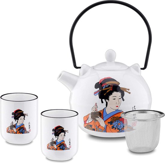 Japanse porseleinen theeset, bevat 1 theepot 700 ml met 2 theekopjes 150 ml en roestvrijstalen theezeef, Kabuki decor