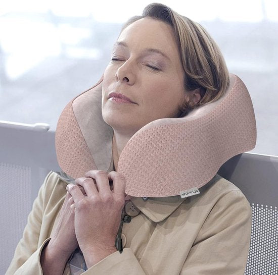 Nekkussen vliegtuig, reiskussen auto van traagschuim met fluweelzachte overtrek, nekkussen voor volwassenen, voor reizen, camping, kantoor en huis (roze)