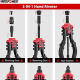 3-in-1 klinkmoertang Multifunctionele klinknageltangset met 6 opspandoorns en 5 klinknagelkoppen, 2 frictiebomen en 1 multifunctionele sleutel, draagbare klinkgereedschapset