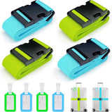 Kofferriemen, 4 stuks, verstelbare kofferband met adresplaatje, 2 kleuren, kruisband, kofferbanden voor koffermarkering, reisaccessoires, bagageriem, bagageriem voor veilig sluiten