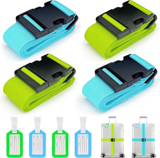 Kofferriemen, 4 stuks, verstelbare kofferband met adresplaatje, 2 kleuren, kruisband, kofferbanden voor koffermarkering, reisaccessoires, bagageriem, bagageriem voor veilig sluiten