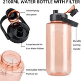 2 liter waterflessen met infuser, 2100 ml waterfles met handvat, BPA-vrij, lekvrije gymwaterflessen, kan met deksel voor fitness, sport, kamperen, fietsen, yoga, reizen (oranje)