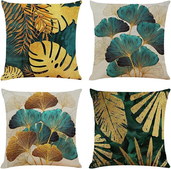 Decoratieve kussenhoes, 50 x 50 cm, set van 4 kussenslopen, petrol, goud, tuinlounge bank, sierkussen, kussenhoes, landhuisstijl, sierkussenhoes, linnen, tuin, outdoor, kussen, bankkussen