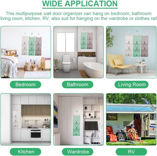 SCHYIDA 3 stuks hangende tas voor aan de muur, hangende opbergtas, hangende organizer met 3 halve cirkelvormige vakken, voor kinderkamer, badkamer, slaapkamer, grijs/groen/wit