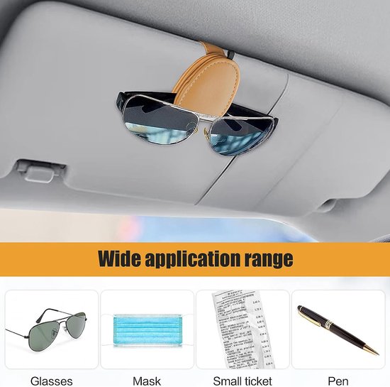 Brillenhouder voor in de auto, 2-pack lederen zonnebrillenhouder Universele zonnebril Brillenhouder met kaartkaartclip voor autovizier Kleine brillenhouder (beige-geel)