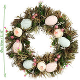 Paaskrans met bloemen en eieren, decoratieve tafelkrans, deurkrans met ophanghaak. Translation: Paaswreath met bloemen en eieren, decoratieve tafelwreath, deurwreath met ophanghaak.