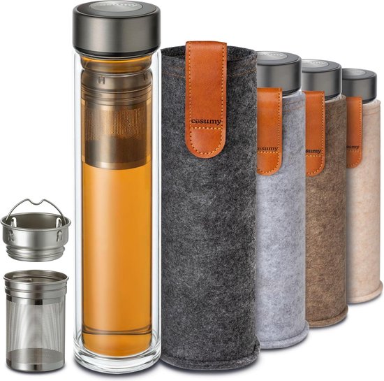 Tea bottle with stainless steel strainer, double-walled glass, heat-resistant, 500 ml drinking bottle to go incl. felt bag.