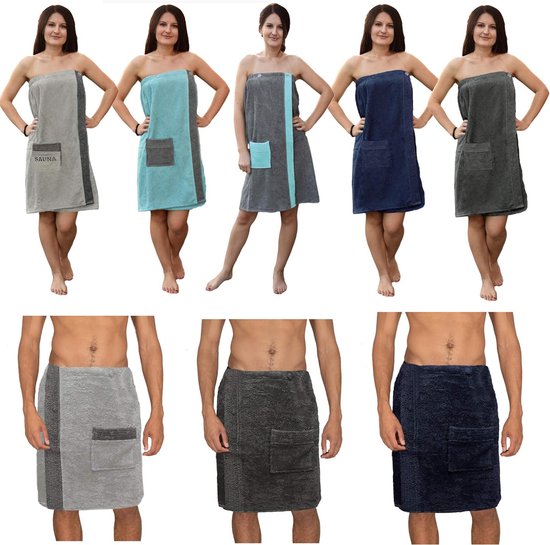 Badstof saunakilt / sarong - maten M - XXL - unisex, antracietgrijs met borduurwerk - 100% katoenen saunakilt / saunasarong / saunahanddoek