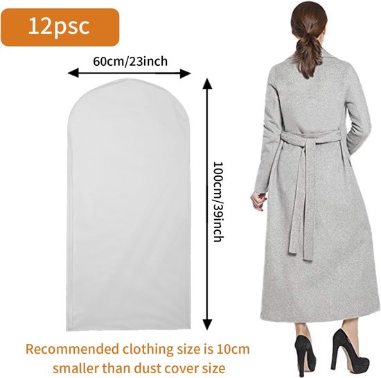 12 stuks kledingzakken, 60 x 100 cm, afdekking met ritssluiting aan de zijkant, stofdicht en waterdicht, voor overhemden, pakken, mantels