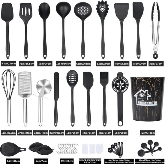 keukengereiset 43-delige siliconen keukengereiset kookgerei kookbestekset, hittebestendig kookgerei met bestekhouder, kookset met antiaanbaklaag keukengerei, zwart