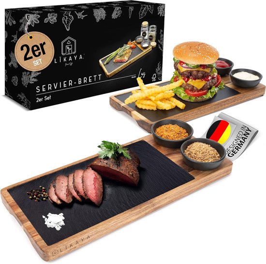 Luis serveerplankenset van 2 stuks van FSC®-gecertificeerd acaciahout met leisteenbord en sauskommen voor steak, hamburgers, sushi en nog veel meer – perfecte accessoire, bijv. voor grillen!