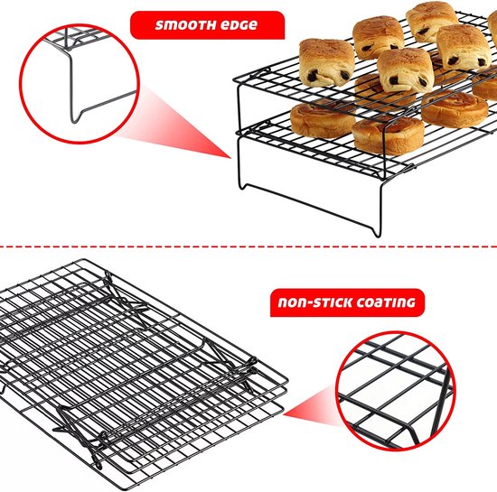 Afkoelrooster met 3 verdiepingen, stapelbare taartrooster, rechtshandig, met anti-aanbaklaag, extra groot afkoeloppervlak en snel afkoelen, 40 x 25 cm, 3 verdiepingen