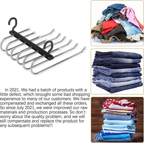 Kledingbroekhanger, ruimtebesparende kasthanger, 6 lagen, 2 toepassingen, multifunctionele broeken, opbergrek, kledingkast, organizer, rekken voor kleding, broeken, sjaals, stropdassen (zwart, 2 stuks)