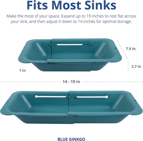 2-pack gootsteenzeefmanden voor het wassen van groenten en fruit, het aflaten van gekookte pasta en droge gerechten - uitschuifbaar - New Home Kitchen Essentials (2 blauwgroen)