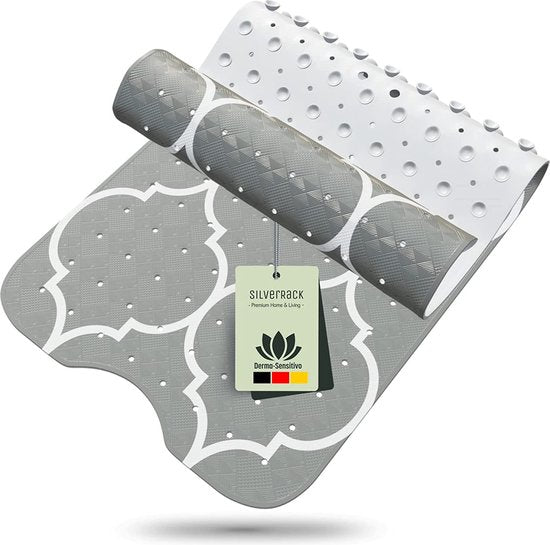 Badmat 100x40 cm (Marokko motief grijs) - antislipmat badkuip BPA-vrij voor kinderen en baby's - douchemat schimmelbestendig & machinewasbaar - boho badmat