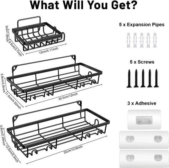 Doucheplank zone, set van 3 losse doucheplanken, wit, met 6 haken en zeepbakje, verbonden doucheplank, bad room en double room, Keuken