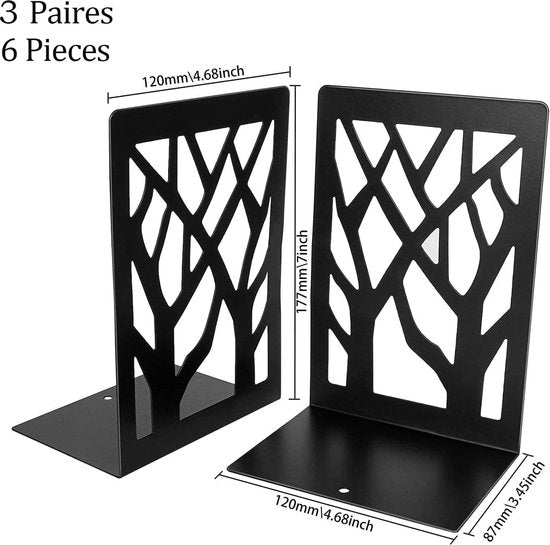 Set of 6 Metal Bookends, Heavy Bookends, Scratch-Resistant and Non-Slip Bookends, Black for Children, Office, Living Room and Study Room, School, Bookstore and Library (17 x 12 cm)