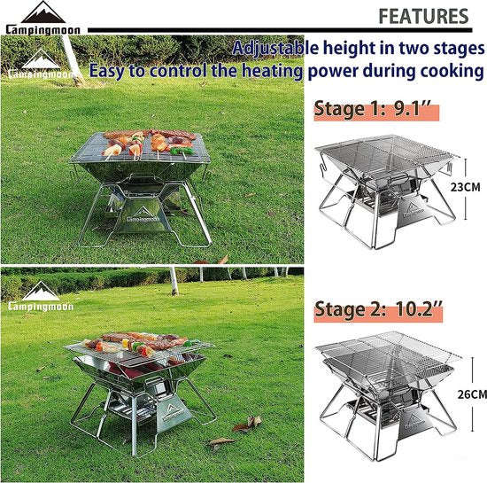 Campingmoon Draagbare Grill Vouwgrill Camping Vuurplaats Buiten RVS Grillrooster Camping Houtkachel met Draagtas voor Picknick, BBQ, Koken, Wandelen MT-2