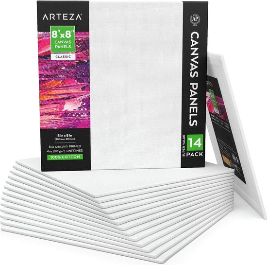 Schilderkarton, canvas 20 x 20 cm, verpakking van 14 stuks, canvas met witte primer, vierkant 100% katoen, voor schilderen, acrylgieten, olieverf en natte kunstmedia, schilderkarton voor professionals en hobbyschilders