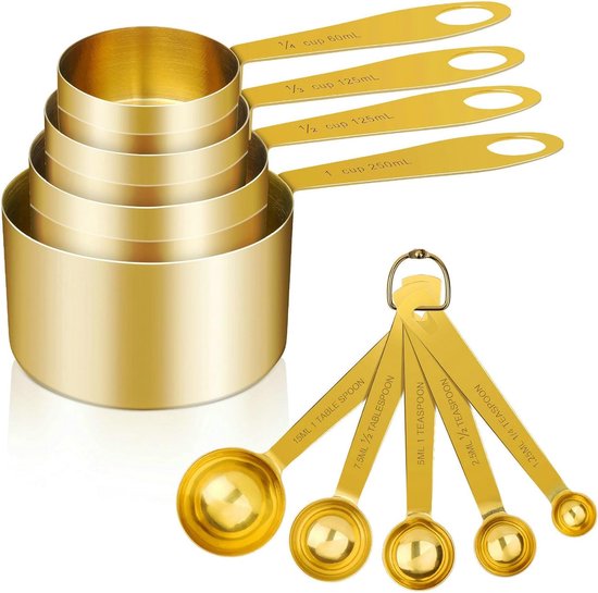 Maatbeker en maatlepel, 8 stuks, roestvrijstalen handgreep met metrische en Amerikaanse maten, goudkleurig gepolijst oppervlak, cup maatbeker voor droge en vloeibare ingrediënten, voor bakken en koken (goud)